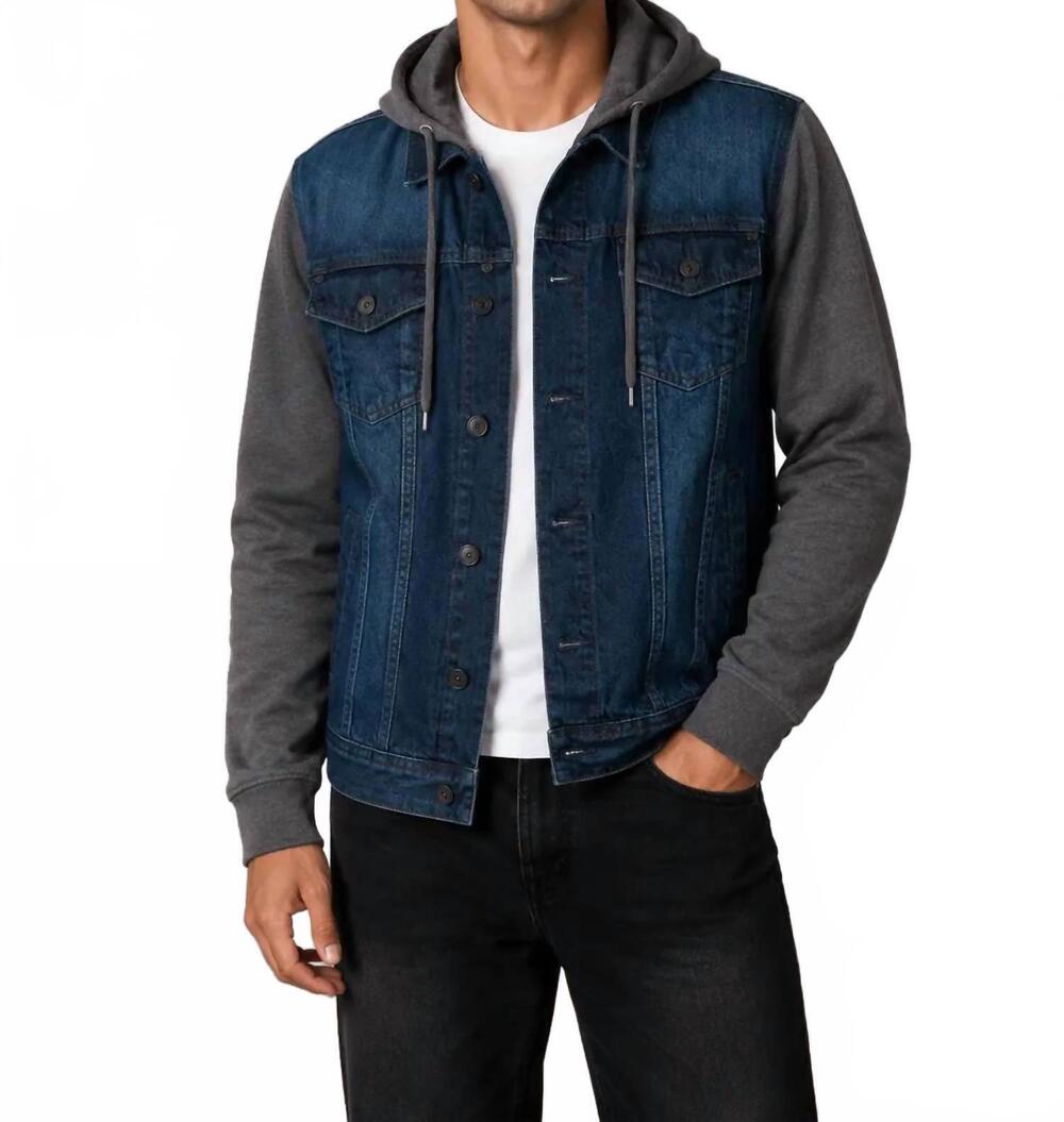 NEW HAWKS BAY men's denim hooded jacket with knitted sleeves in navy